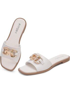 Women's Cream White Flat Slides With Soft Vegan Upper Leather Slippers Causal